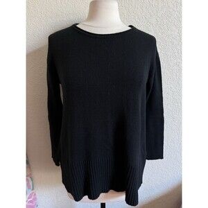 J Jill Womens Black Merino Wool Blend Sweater PM Boxy Preppy Minimalist Career